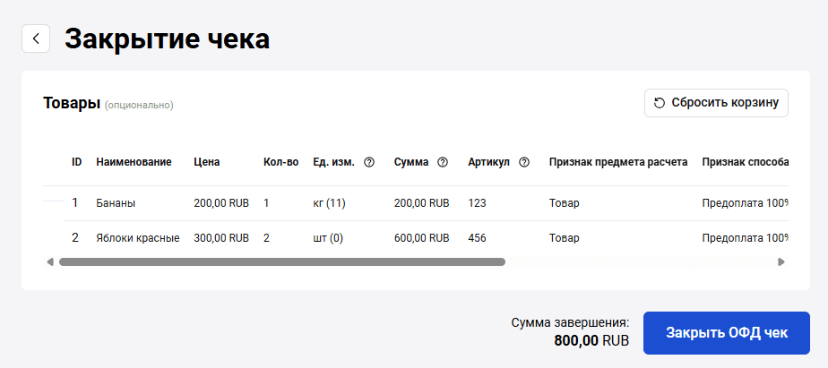 Close receipt confirmation with cart